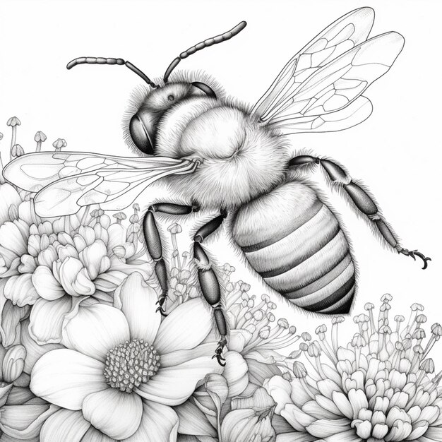 Photo a black and white drawing of a bee with flowers generative ai