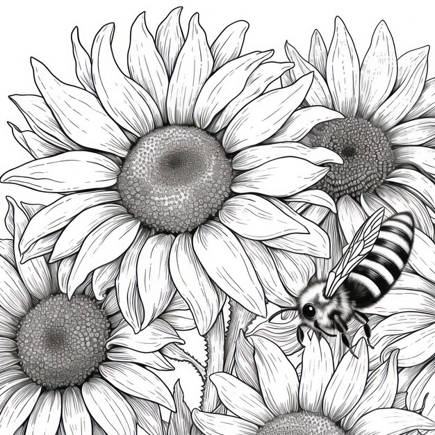 Foto un disegno in bianco e nero di un'ape con girasoli.