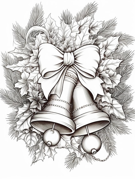 a black and white drawing of bells with holly leaves and holly branches generative ai
