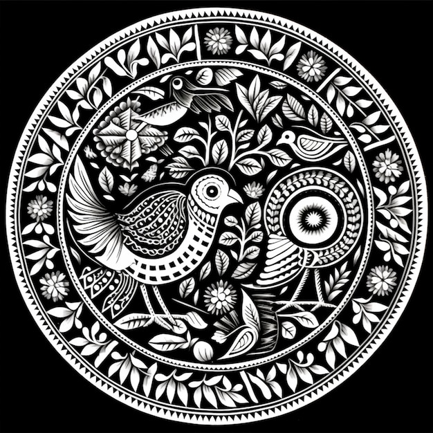 Черно-белый рисунок птицы в круге, генеративный ай