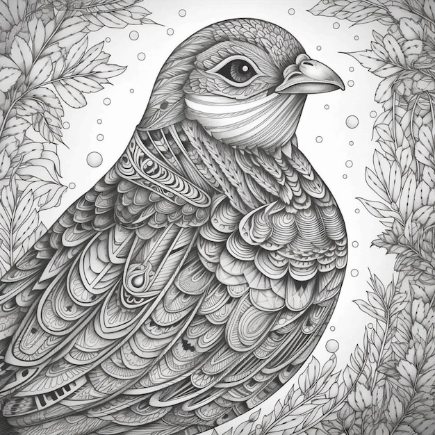 A black and white drawing of a bird in a garden generative ai