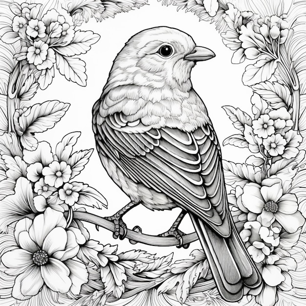 a black and white drawing of a bird sitting on a branch generative ai