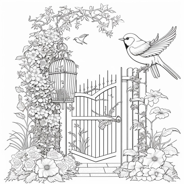 a black and white drawing of a bird sitting on a gate generative ai