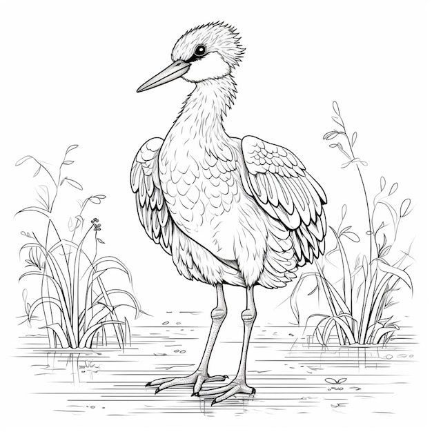 a black and white drawing of a bird standing in the water generative ai