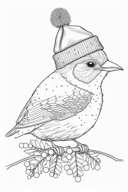 a black and white drawing of a bird wearing a hat generative ai