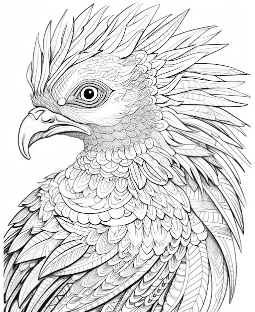 a black and white drawing of a bird with feathers generative ai