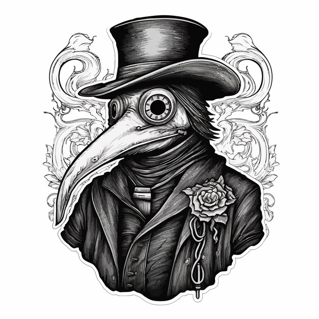 a black and white drawing of a bird with a hat on it