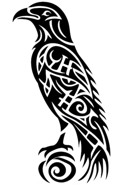 a black and white drawing of a bird with a pattern on it