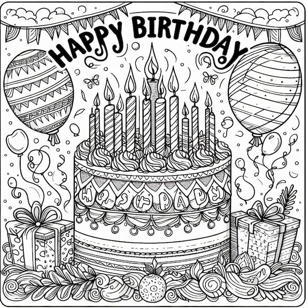 Foto un disegno in bianco e nero di una torta di compleanno con una scatola di palloncini e una scatoletta di regali