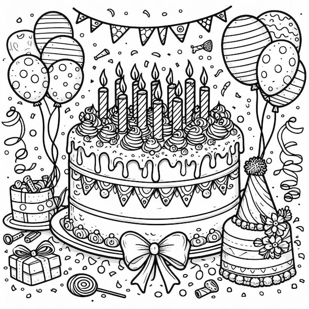 Photo a black and white drawing of a birthday cake with a cake and balloons