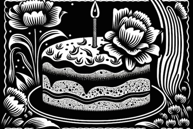 Foto un disegno in bianco e nero di una torta di compleanno con una candela generativa ai