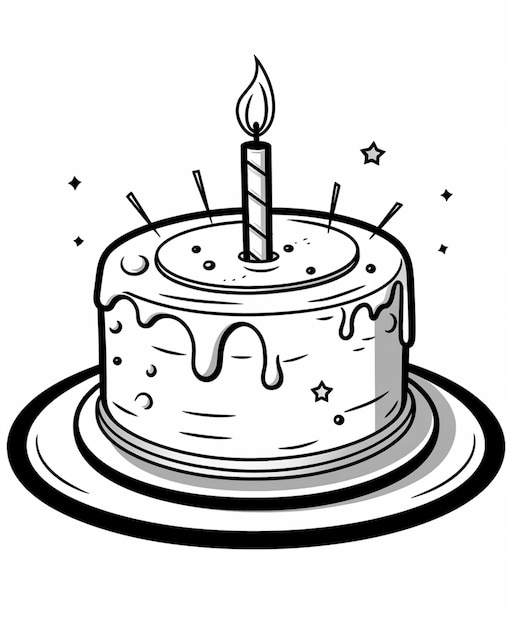 Photo a black and white drawing of a birthday cake with a lit candle generative ai