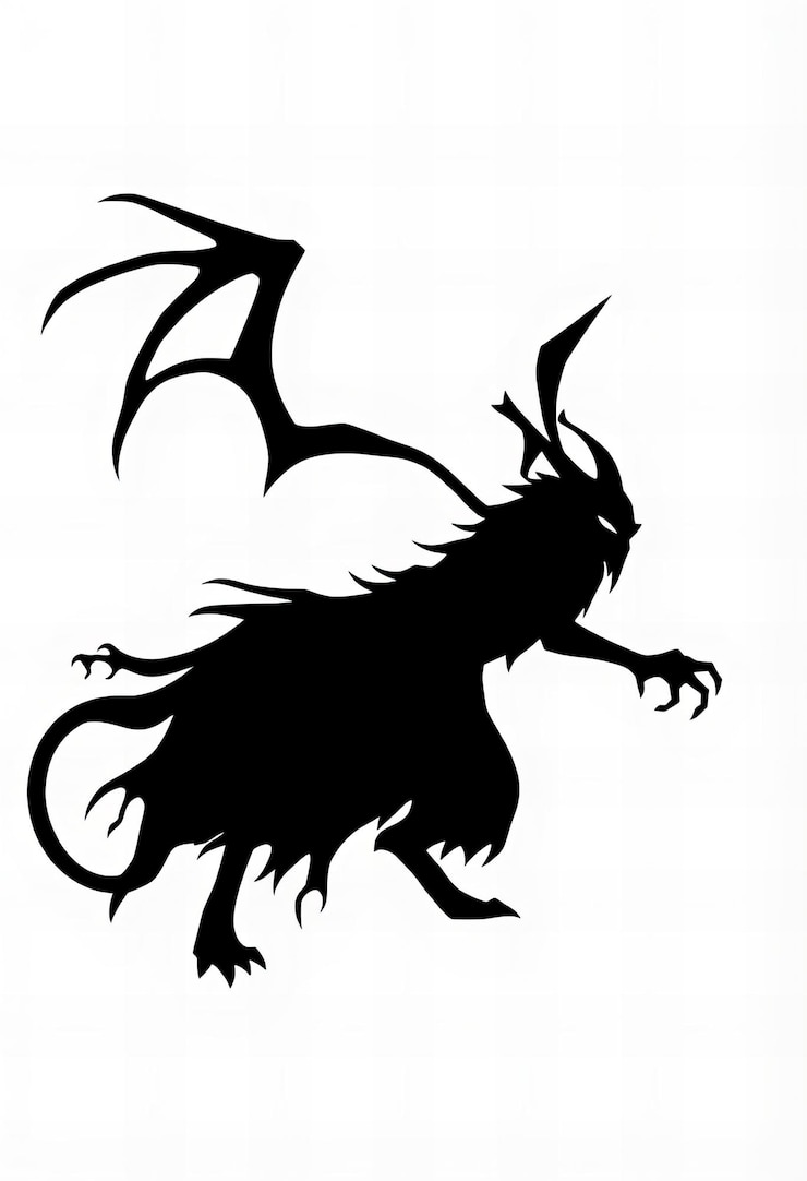 फोटो a black and white drawing of a black creature with a black silhouette