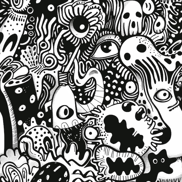 a black and white drawing of a black and white abstract art