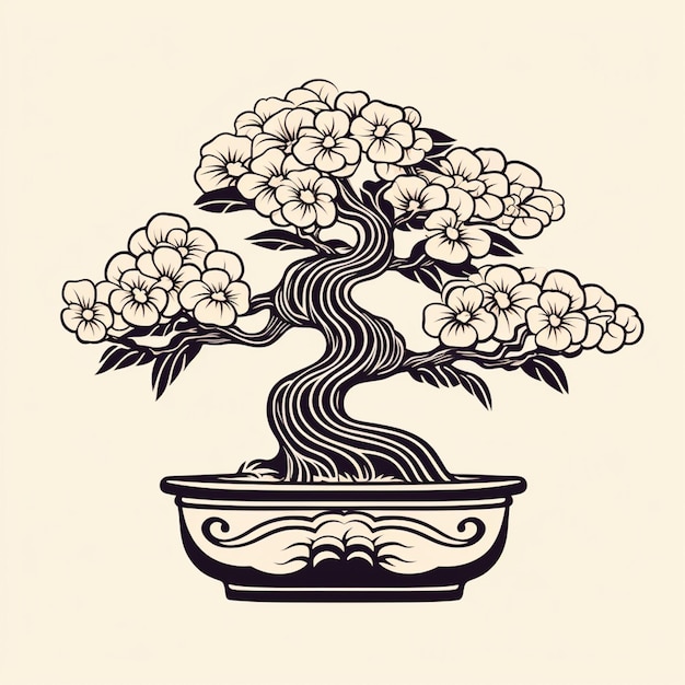 Foto un disegno in bianco e nero di un albero bonsai in una pentola generativa ai