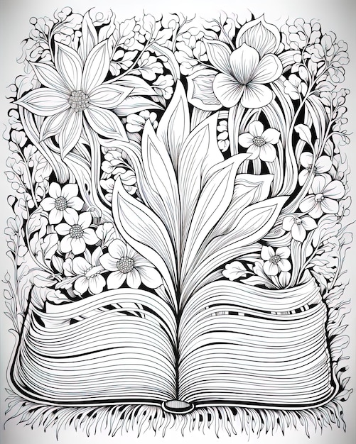 Photo a black and white drawing of a book with flowers and the words  spring  on it