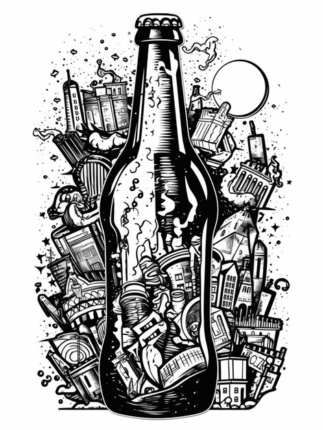 a black and white drawing of a bottle filled with books generative ai