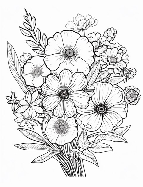 Photo a black and white drawing of a bouquet of flowers generative ai