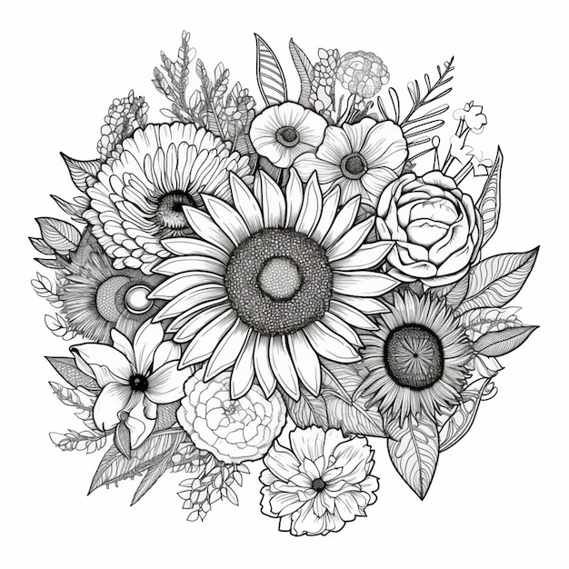 a black and white drawing of a bouquet of flowers generative ai