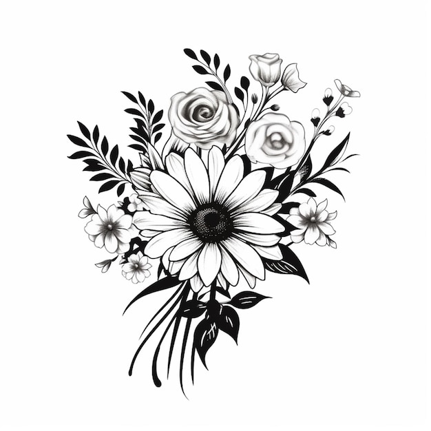 Photo a black and white drawing of a bouquet of flowers generative ai