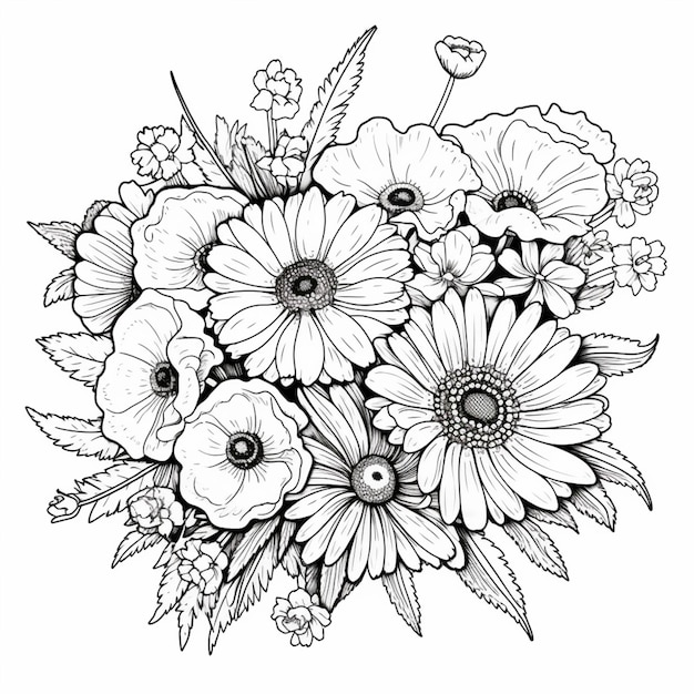 A black and white drawing of a bouquet of flowers generative ai