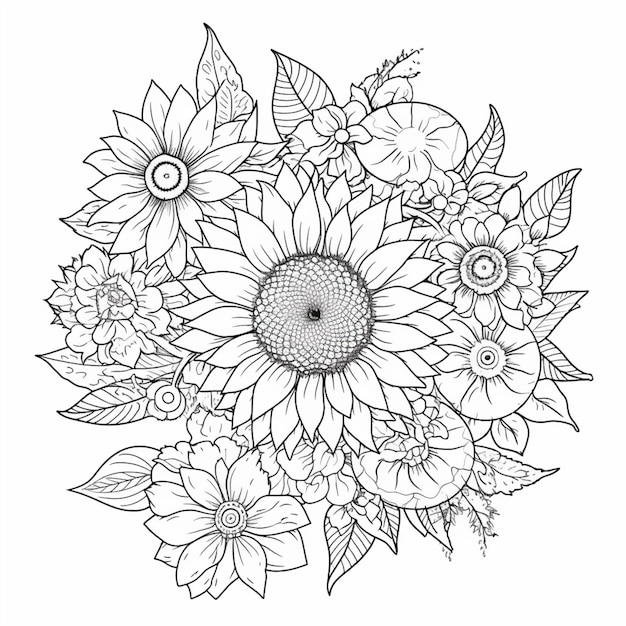 A black and white drawing of a bouquet of flowers generative ai