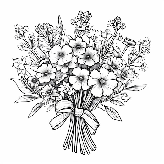 Photo a black and white drawing of a bouquet of flowers with a bow generative ai