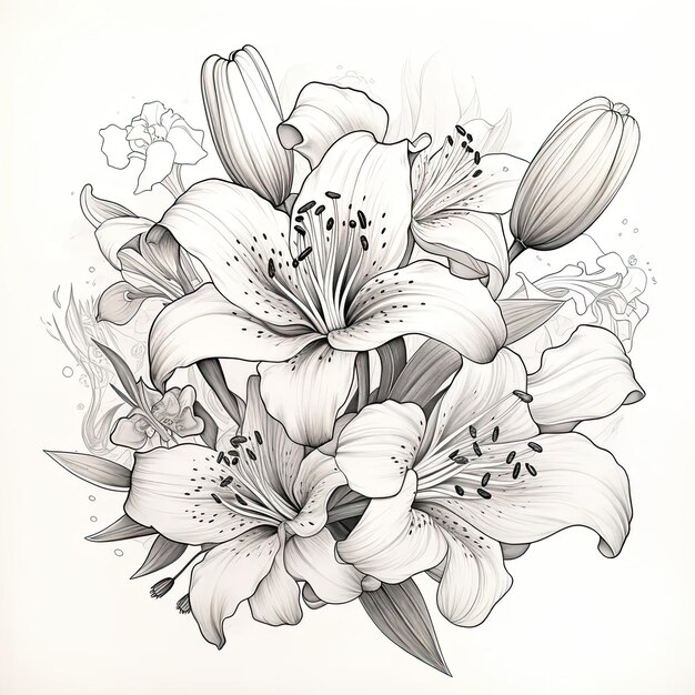 A black and white drawing of a bouquet of flowers