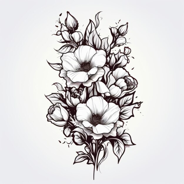 Photo a black and white drawing of a bouquet of flowers