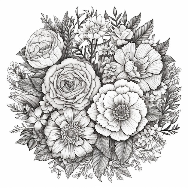 A black and white drawing of a bouquet of flowers.