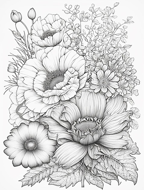 A black and white drawing of a bouquet of flowers.