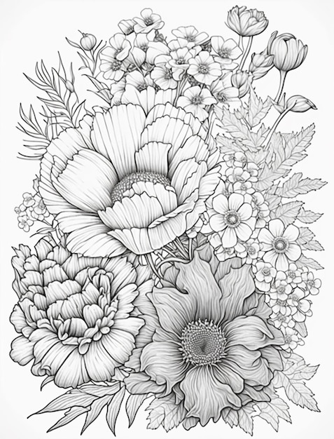A black and white drawing of a bouquet of flowers.