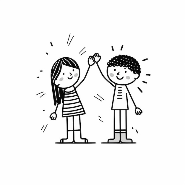 a black and white drawing of a boy and a girl with a pin in their hand