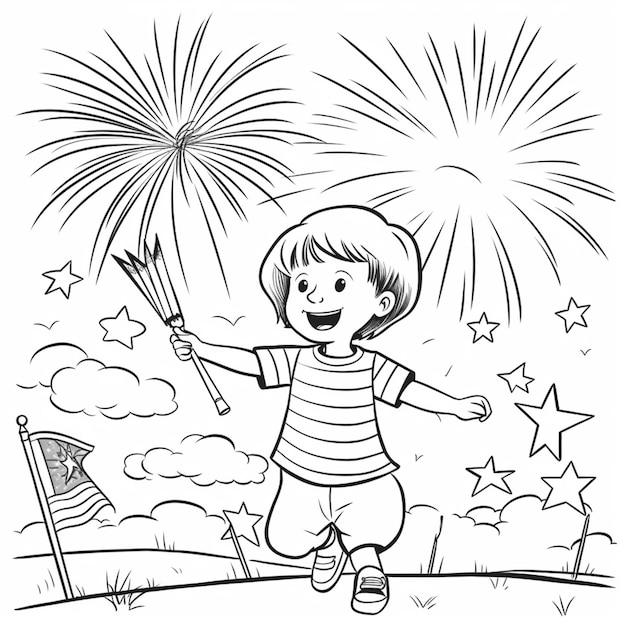 A black and white drawing of a boy holding a fireworks display.