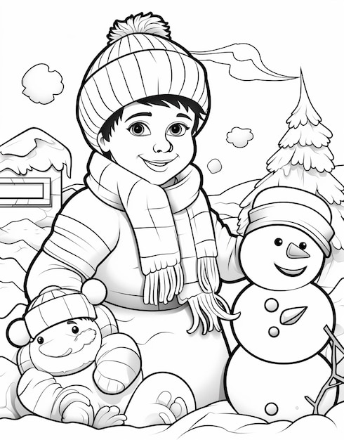 a black and white drawing of a boy and a snowman generative ai