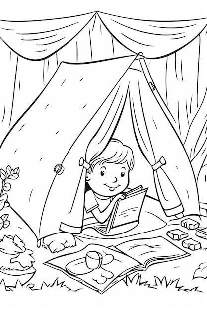 A black and white drawing of a boy in a tent reading a book generative ai