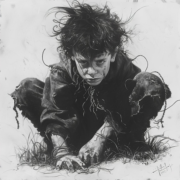 Photo a black and white drawing of a boy with a bull