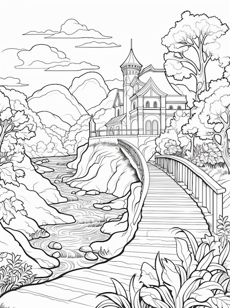 a black and white drawing of a bridge leading to a castle generative ai