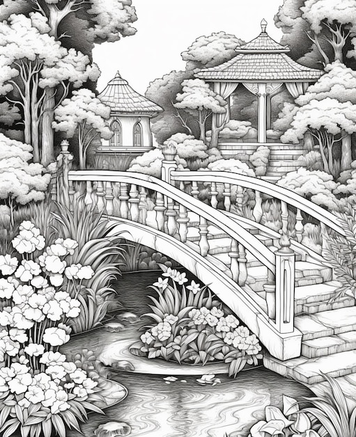 a black and white drawing of a bridge over a river generative ai