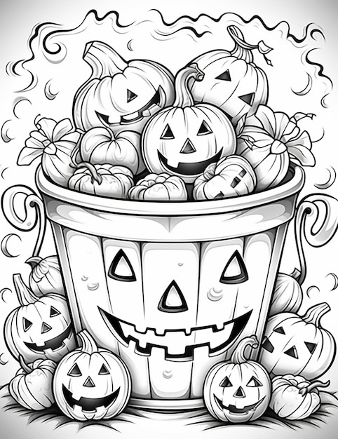 Photo a black and white drawing of a bucket full of pumpkins generative ai