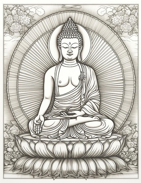 Photo a black and white drawing of a buddha with the words buddha on it.