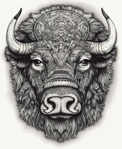 Photo a black and white drawing of a buffalo with a tribal design on it generative ai