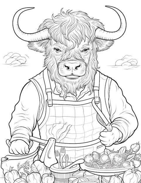 a black and white drawing of a bull with a pot of vegetables generative ai