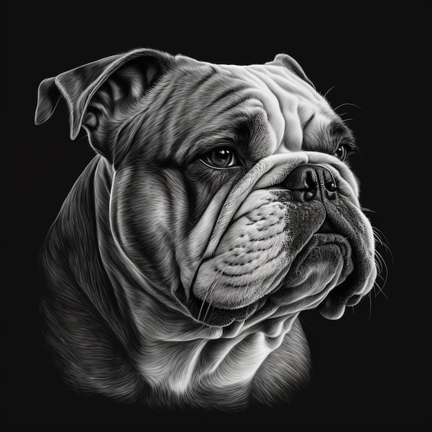 A black and white drawing of a bulldog dog on a black background generative ai