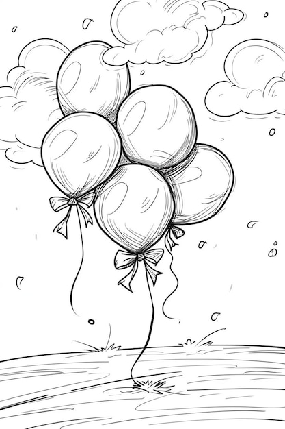 a black and white drawing of a bunch of balloons