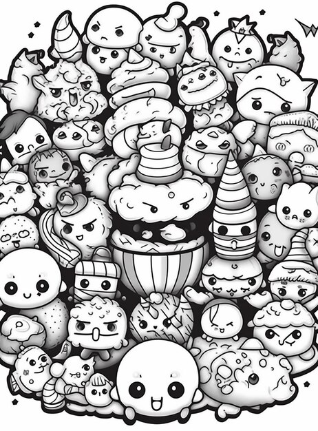 a black and white drawing of a bunch of cartoon characters generativ ai