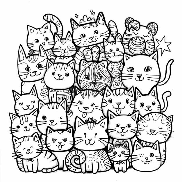 a black and white drawing of a bunch of cats generative ai