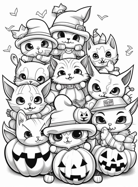 a black and white drawing of a bunch of cats in halloween costumes generativ ai