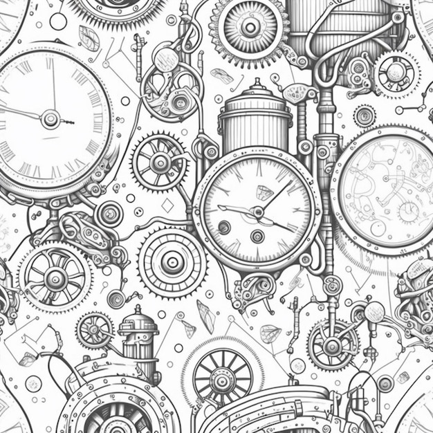 Photo a black and white drawing of a bunch of clocks generative ai