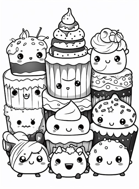 a black and white drawing of a bunch of cupcakes generative ai